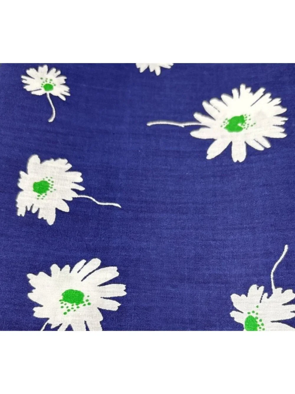 Blue Cotton Fabric White Green Daisy Print 21
